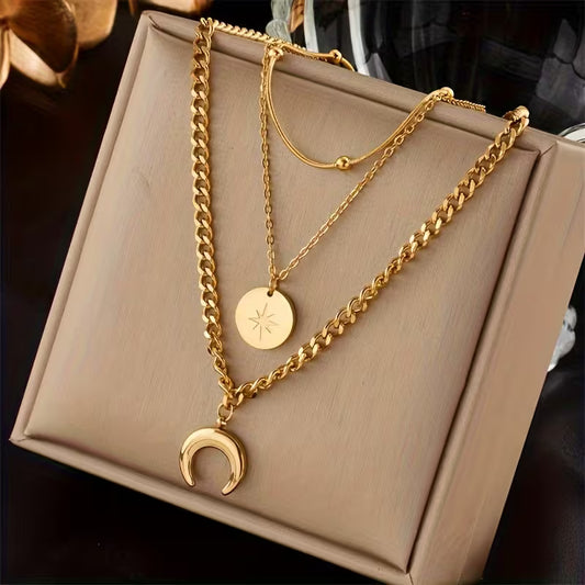 Golden 3 Layer Shine Crescent Moon Pendant Necklace.