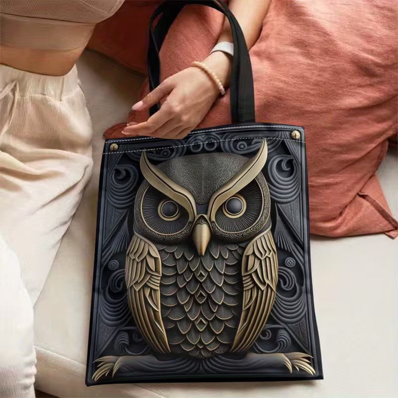Golden Carved Owl Design Lightweight Foldable Shoulder Handbags.