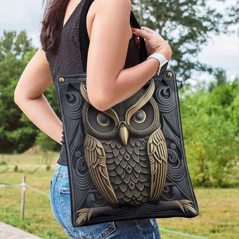 Golden Carved Owl Design Lightweight Foldable Shoulder Handbags.