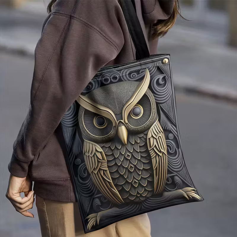 Golden Carved Owl Design Lightweight Foldable Shoulder Handbags.