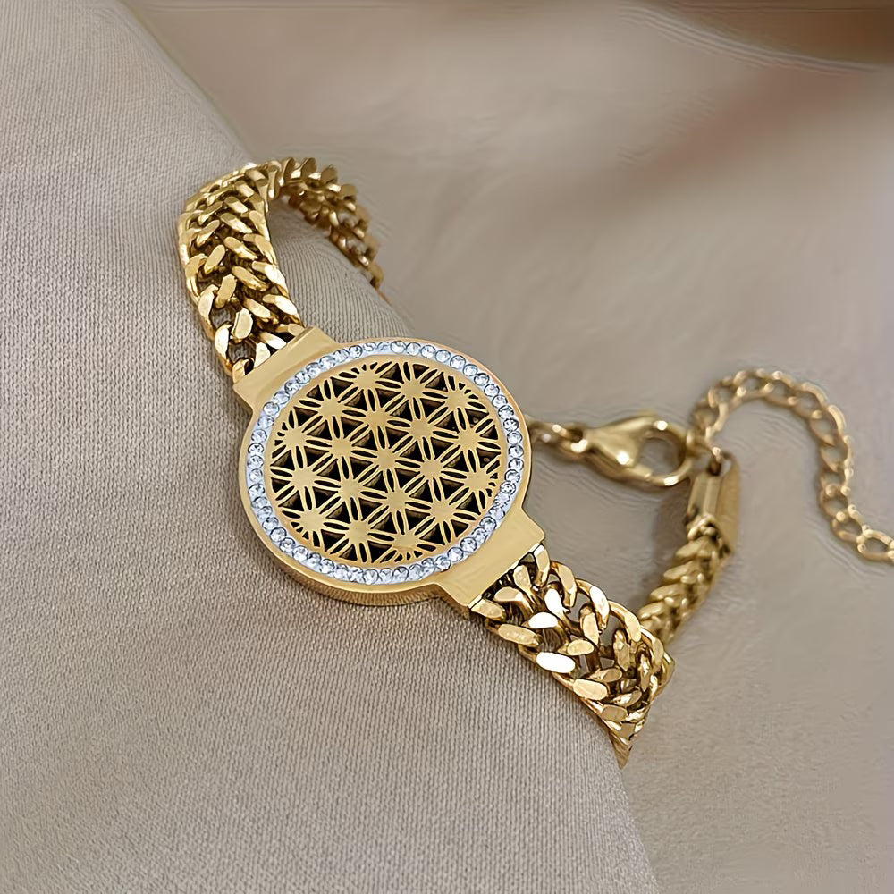 Golden Flower of Life Sacred Geometry Stainless Steel Bangle Bracelet.