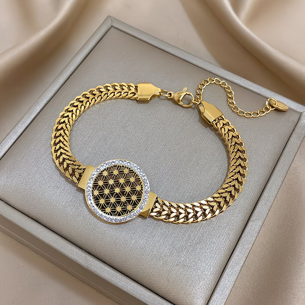 Golden Flower of Life Sacred Geometry Stainless Steel Bangle Bracelet.