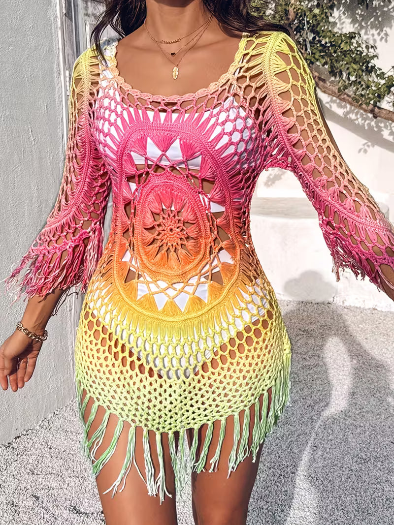 Gradient Tassel Crochet Cover-Up.