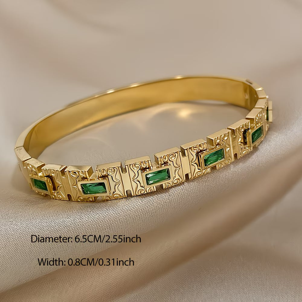 Green Rectangle Zirconia Statement Bracelet in Stainless Steel.