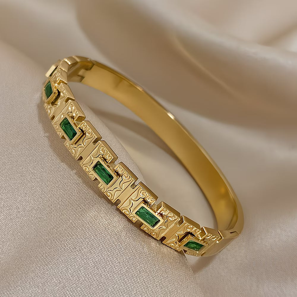 Green Rectangle Zirconia Statement Bracelet in Stainless Steel.