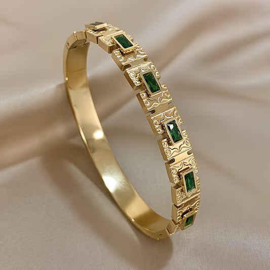 Green Rectangle Zirconia Statement Bracelet in Stainless Steel.