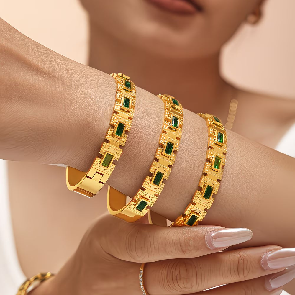 Green Rectangle Zirconia Statement Bracelet in Stainless Steel.