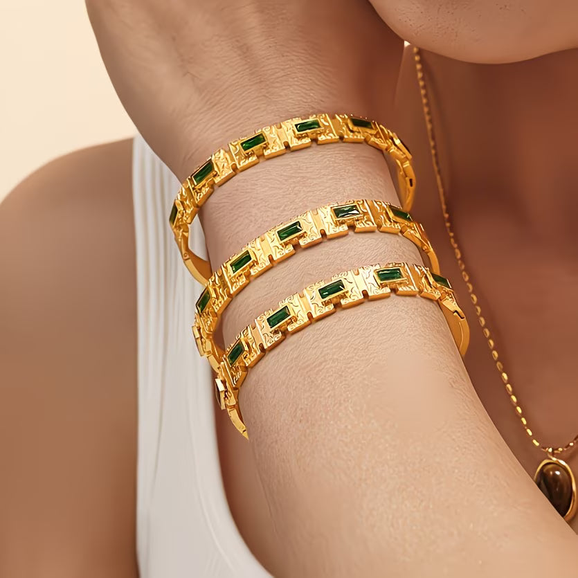 Green Rectangle Zirconia Statement Bracelet in Stainless Steel.
