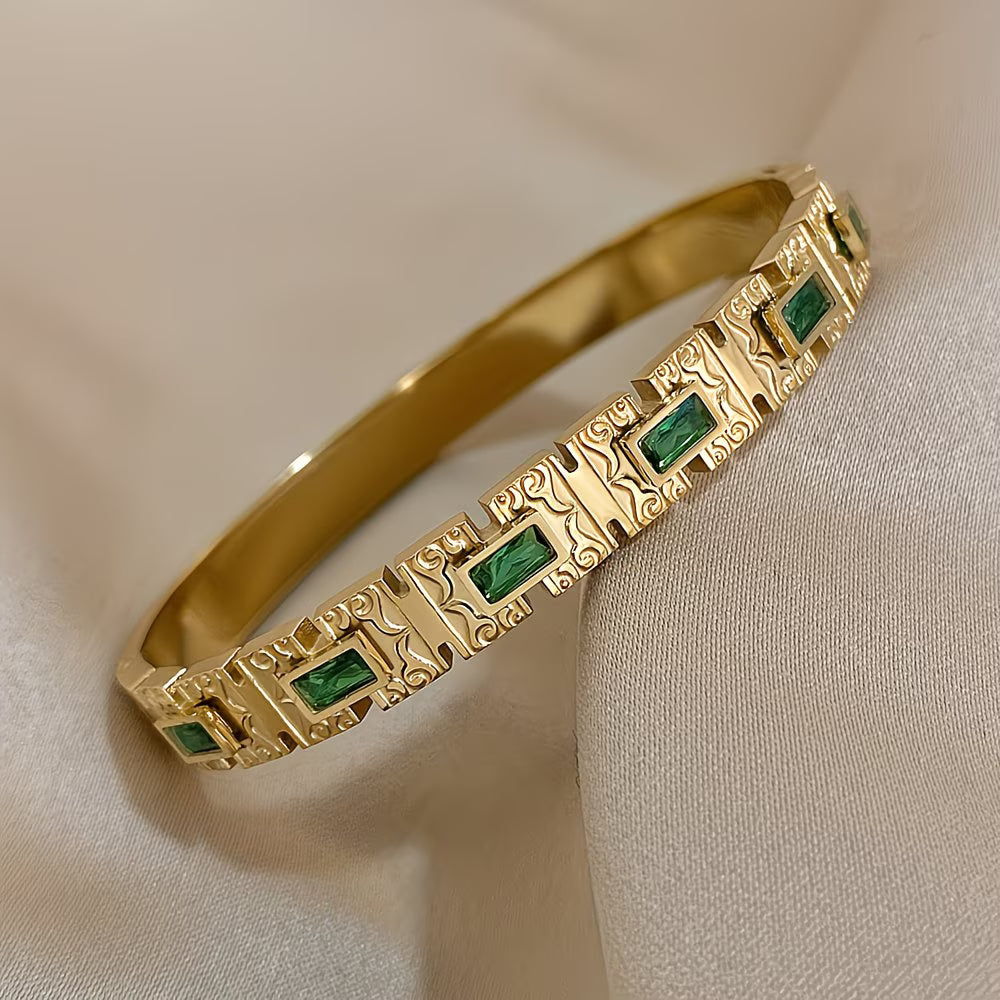 Green Rectangle Zirconia Statement Bracelet in Stainless Steel.
