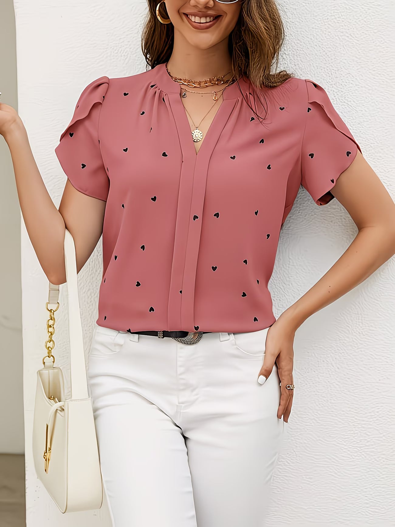Heart-Print V-Neck Shirt.