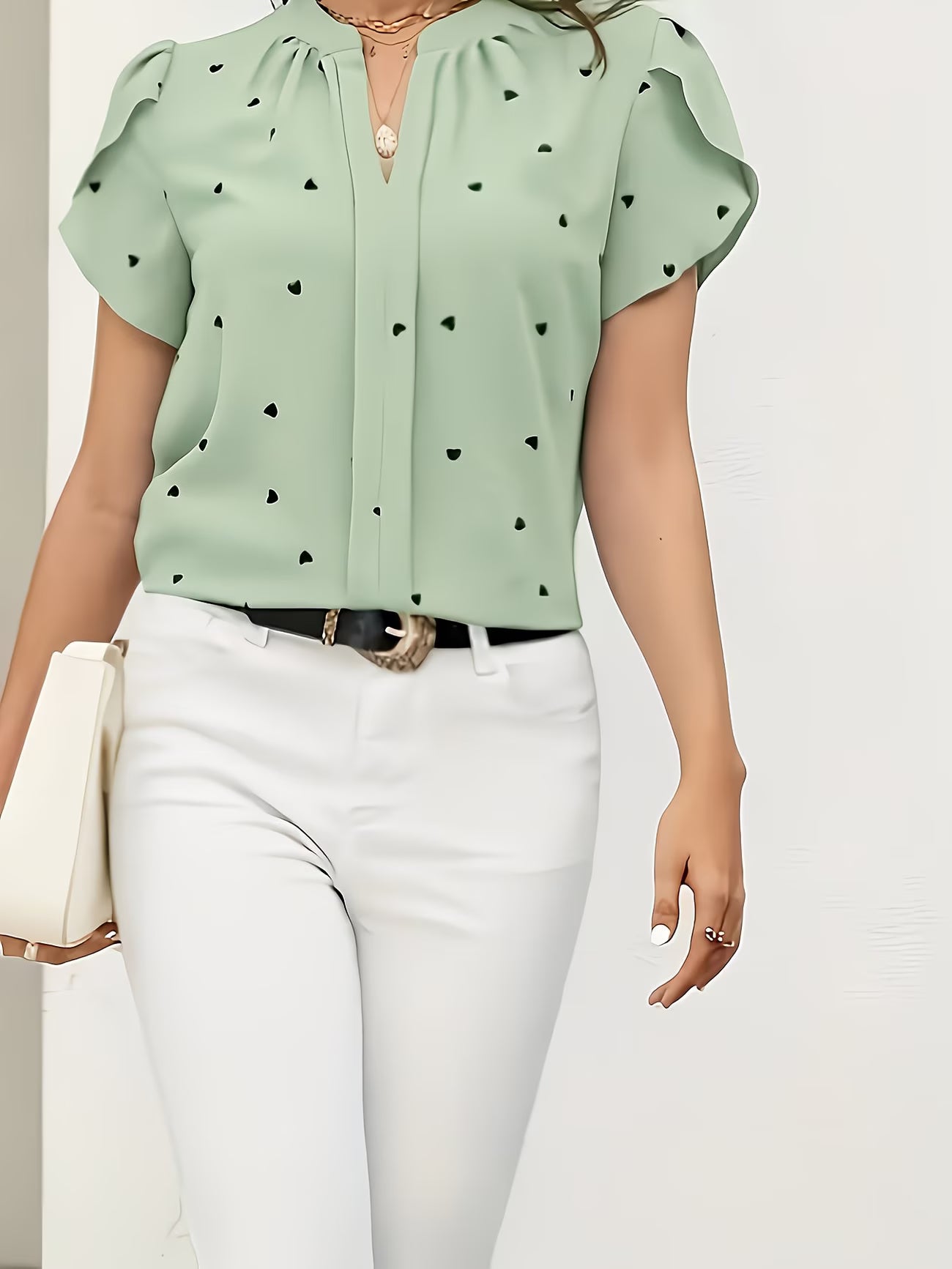 Heart-Print V-Neck Shirt.