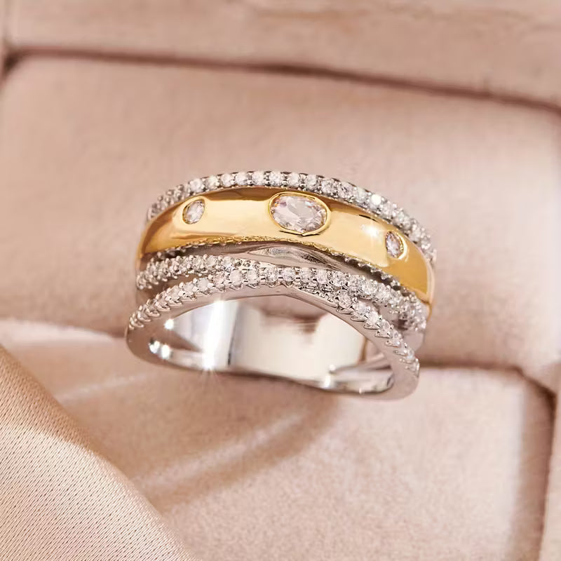 Inlaid Sparkling zirconia Multi Layer Geometric Rings.
