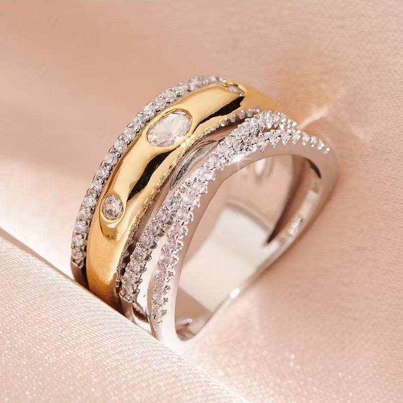 Inlaid Sparkling zirconia Multi Layer Geometric Rings.