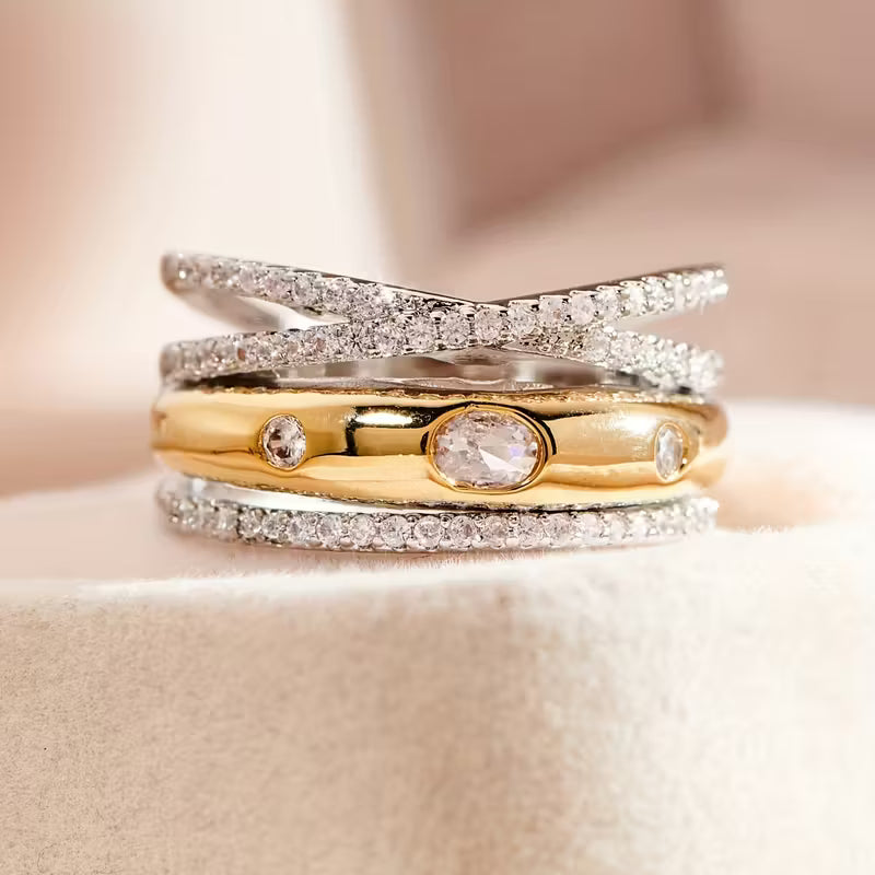 Inlaid Sparkling zirconia Multi Layer Geometric Rings.