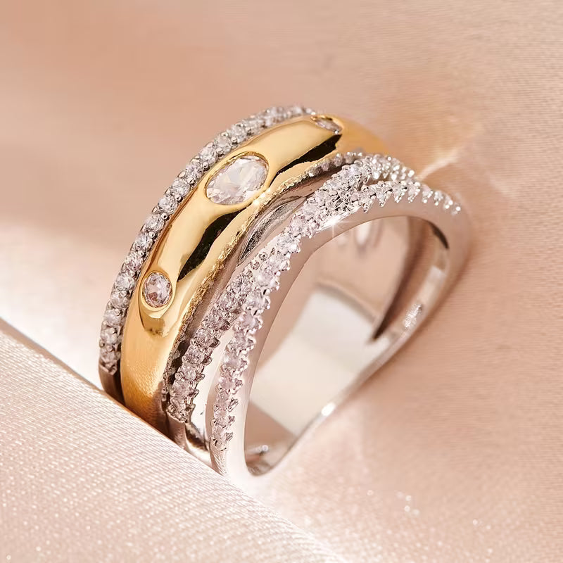 Inlaid Sparkling zirconia Multi Layer Geometric Rings.