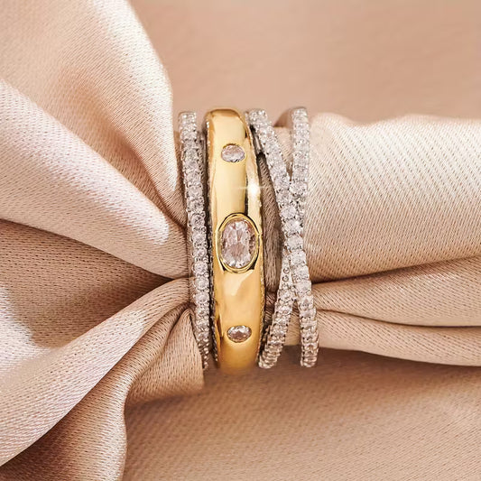 Inlaid Sparkling zirconia Multi Layer Geometric Rings.