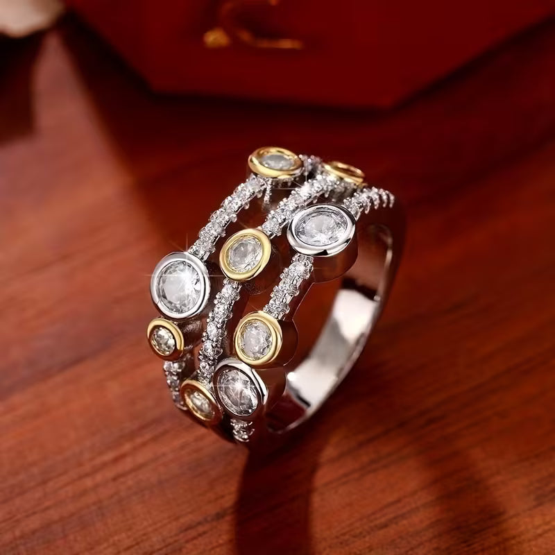 Inlaid Zirconia Stones Vintage Luxury Wide Band Rings.