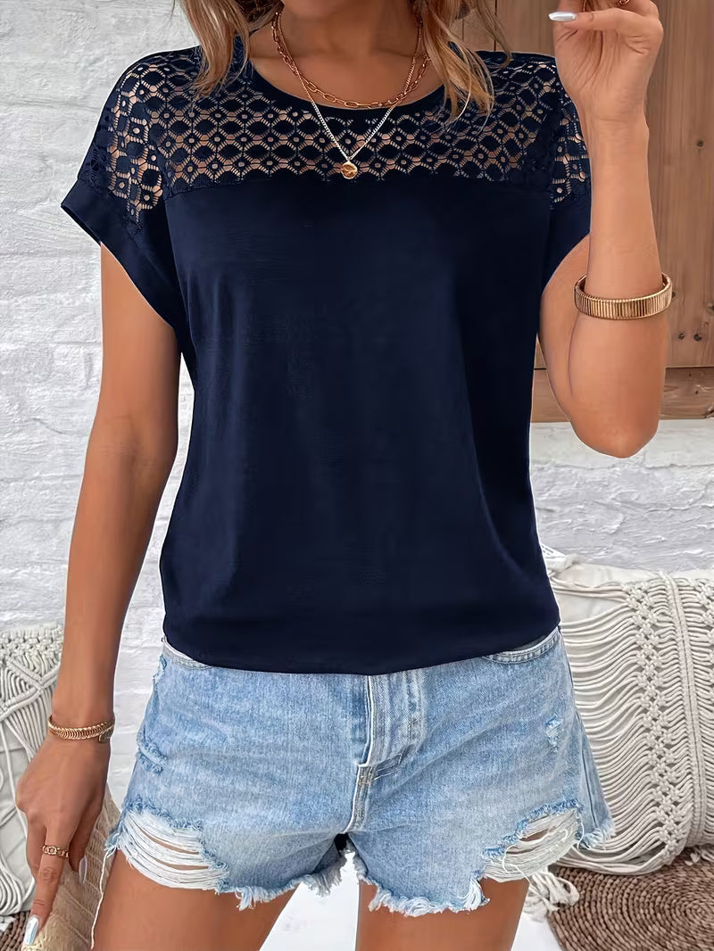 Lace-Contrast Raglan Sleeve T-Shirt.