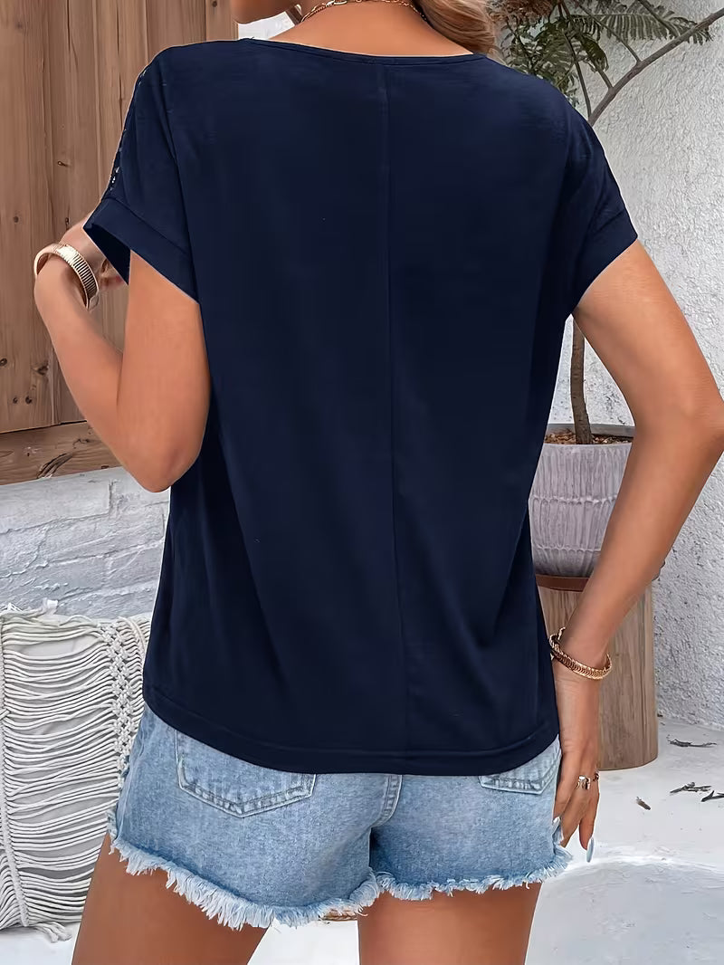 Lace-Contrast Raglan Sleeve T-Shirt.