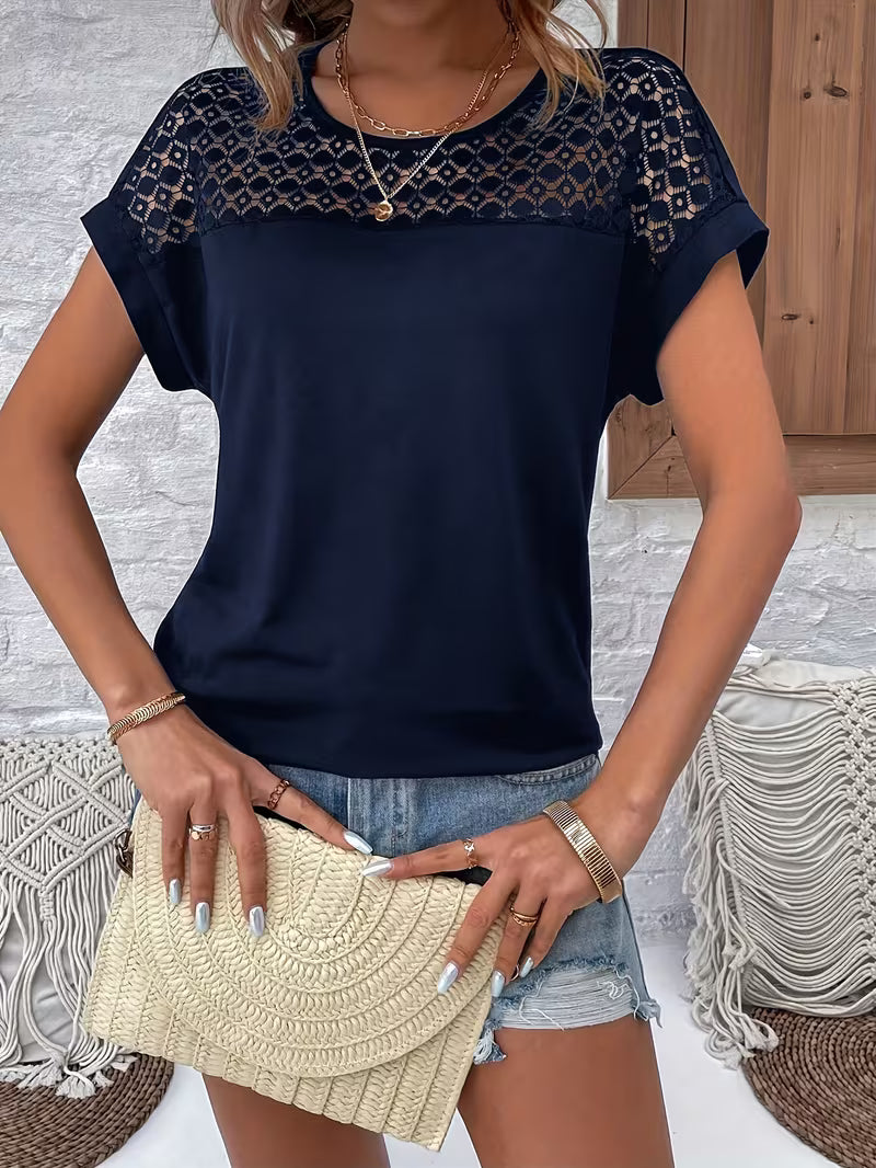 Lace-Contrast Raglan Sleeve T-Shirt.