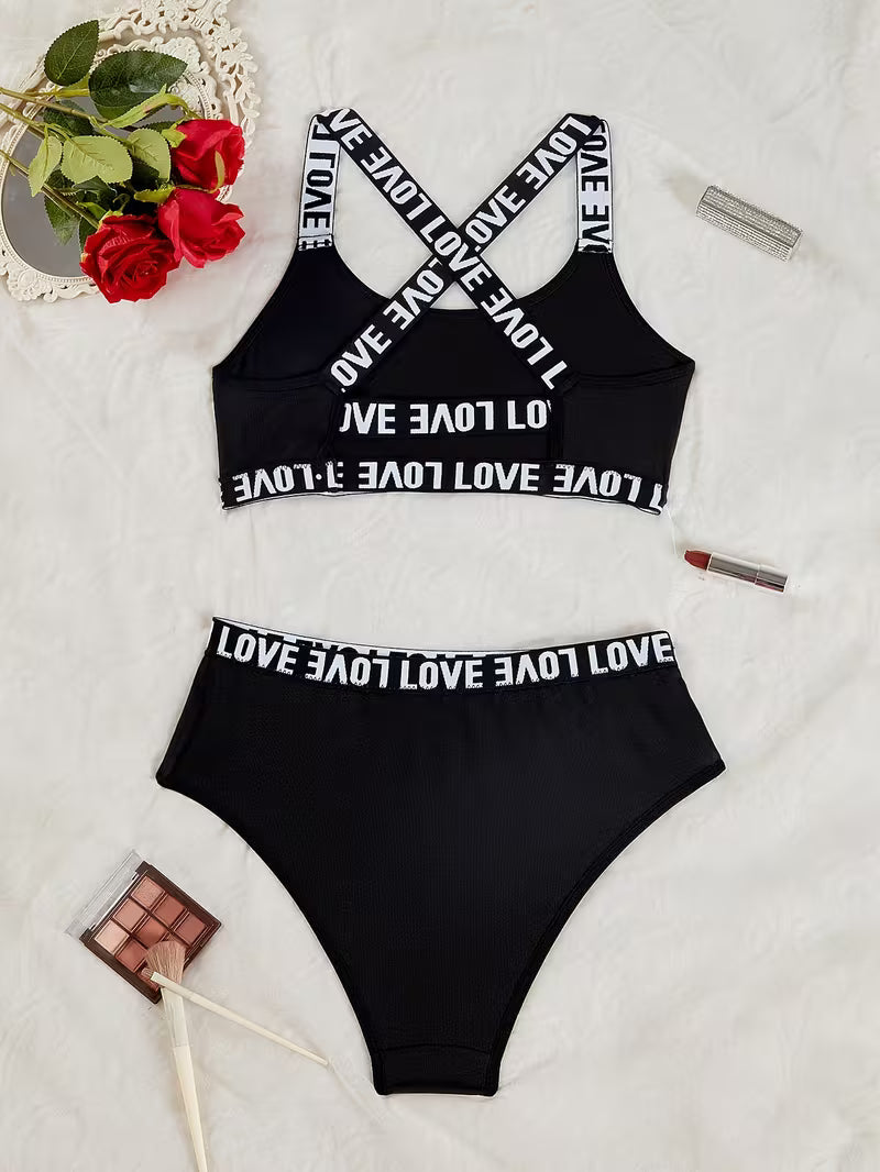 Letter-Print Sports Bra & Elastic Panty Suit.