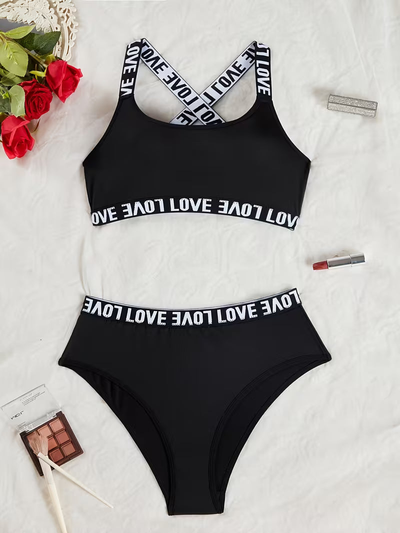 Letter-Print Sports Bra & Elastic Panty Suit.