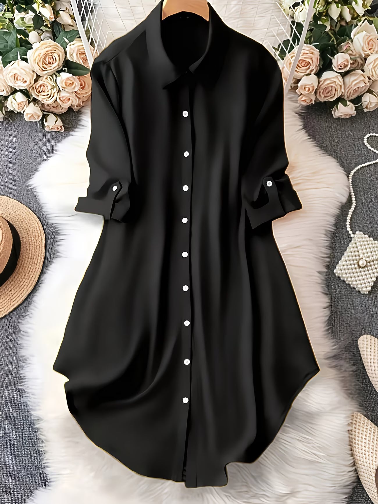 Long-Line Half-Sleeve Shirt Dress.