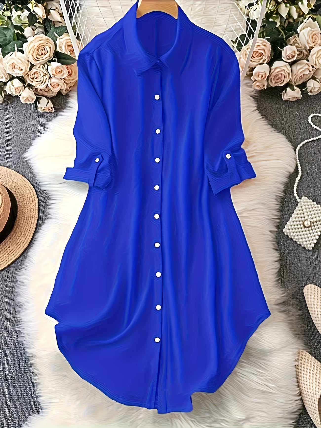 Long-Line Half-Sleeve Shirt Dress.