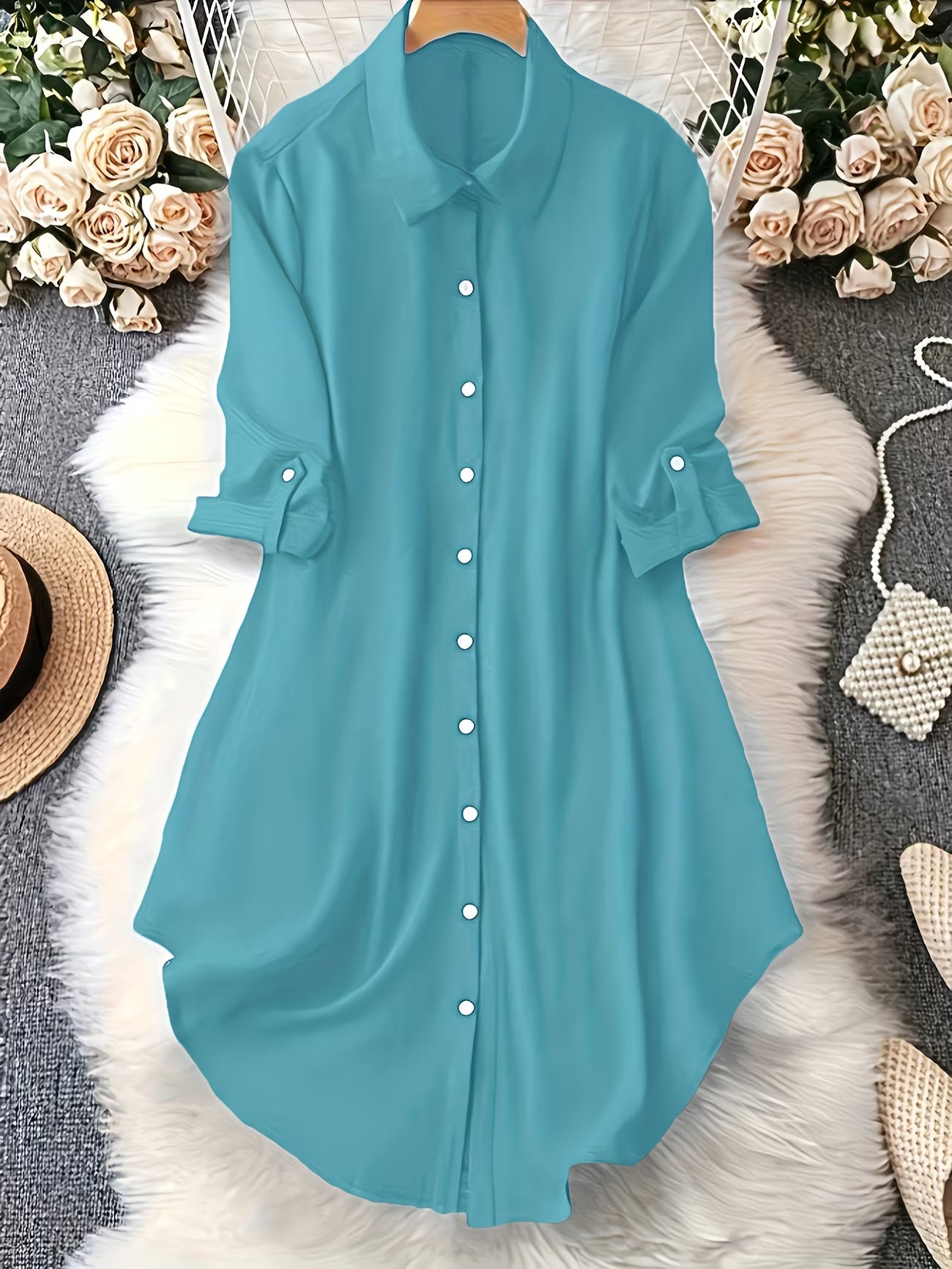 Long-Line Half-Sleeve Shirt Dress.