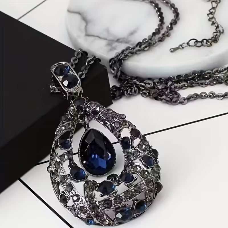 Long Pendant Sweater Chain with Teardrop Charm Necklace.