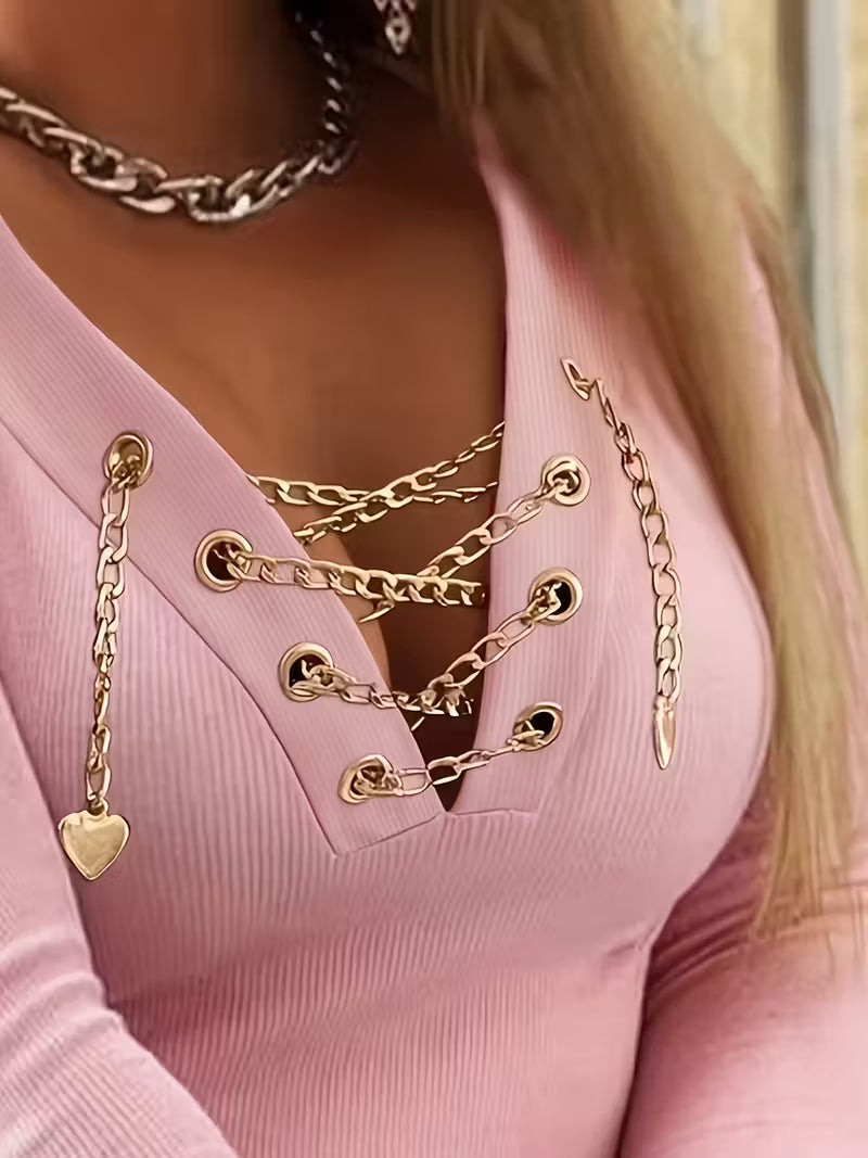 Long Sleeve Jewelry-Detail Fashion Tee.