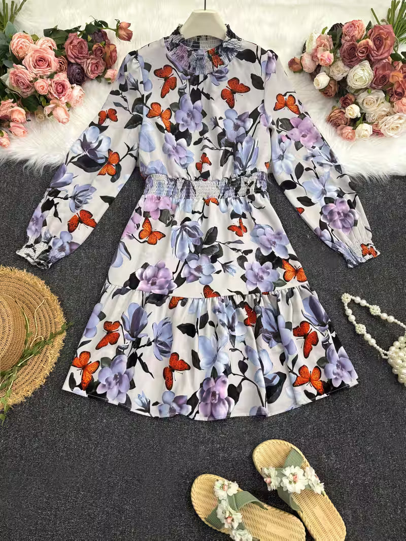 Long Sleeve Ruffled Hem Floral Gown.