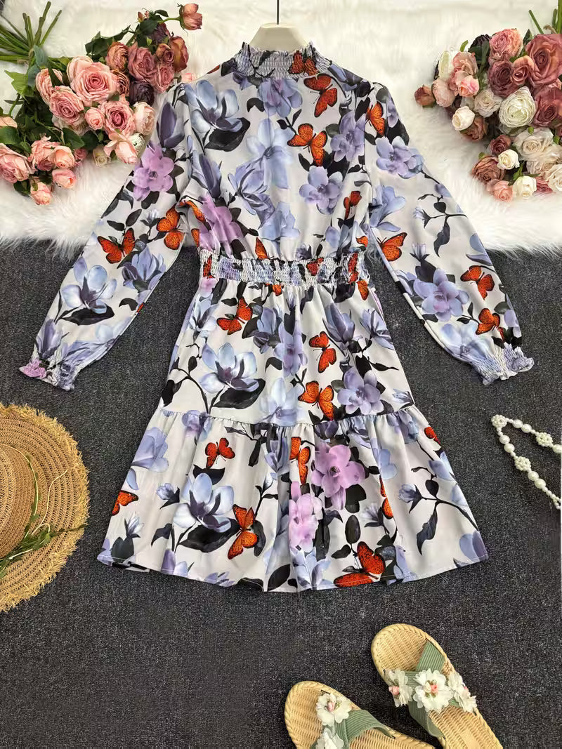 Long Sleeve Ruffled Hem Floral Gown.