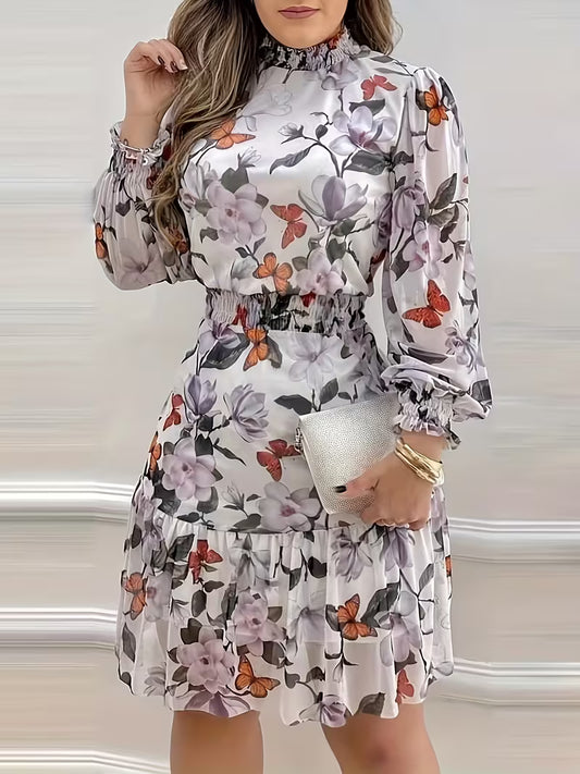 Long Sleeve Ruffled Hem Floral Gown.