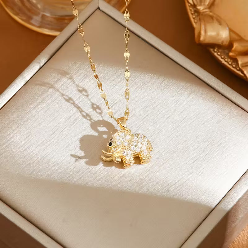 Luxury Micro-Inlaid Real Golden 3D Elephant Necklace.