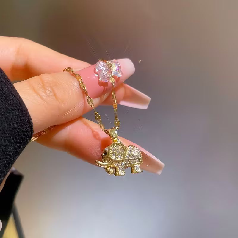 Luxury Micro-Inlaid Real Golden 3D Elephant Necklace.