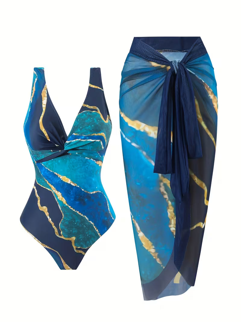 Marble Print 2-Piece Swimsuit Set.