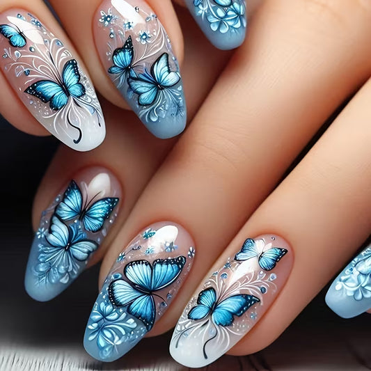 Matte Blue Butterfly Fake Nails.