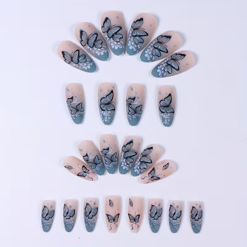 Matte Blue Butterfly Fake Nails.
