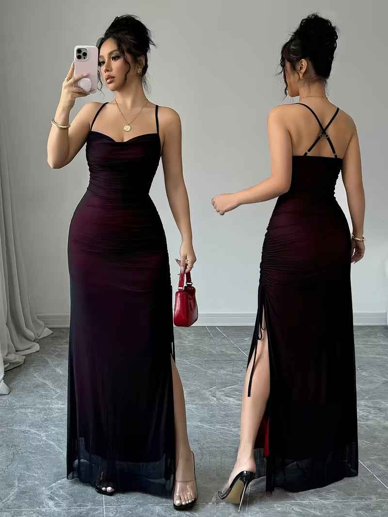 Mesh Panel Cross-Back Long Dress.