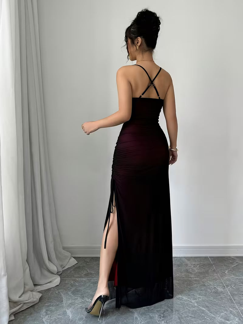 Mesh Panel Cross-Back Long Dress.
