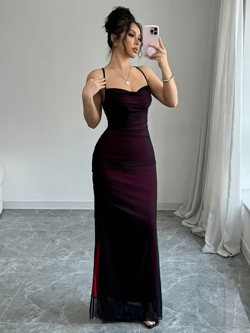 Mesh Panel Cross-Back Long Dress.