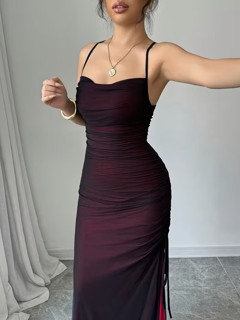 Mesh Panel Cross-Back Long Dress.