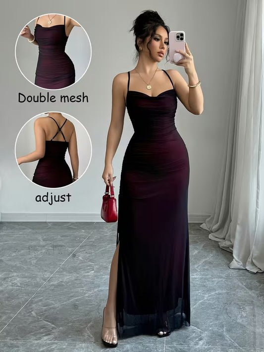 Mesh Panel Cross-Back Long Dress.