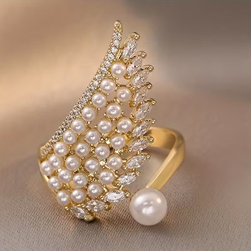 Micro-Inlaid Synthetic Zirconia And Faux Pearl Wings Rings.