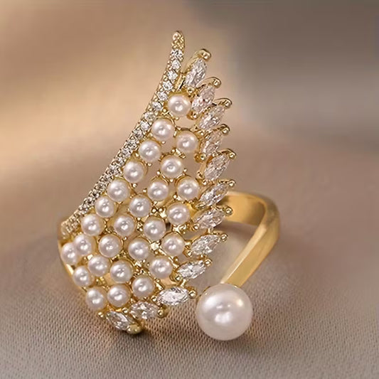 Micro-Inlaid Synthetic Zirconia And Faux Pearl Wings Rings.