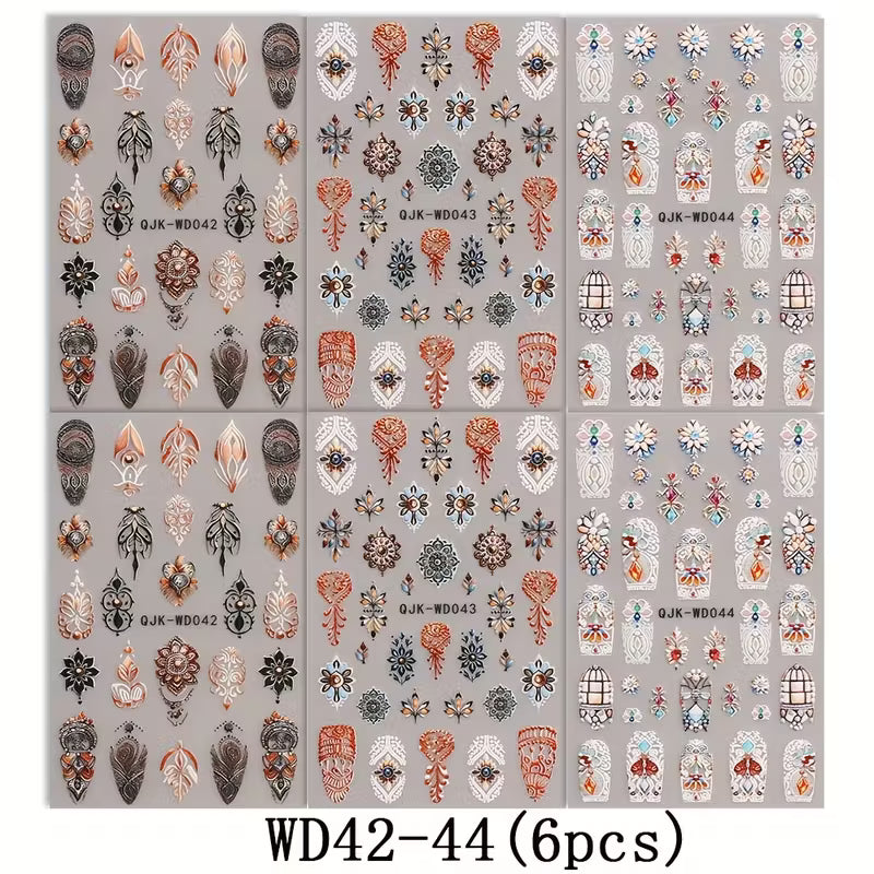 Micro Embossed 3D Classic Floral  6pcs Retro Nail Sticker Set.