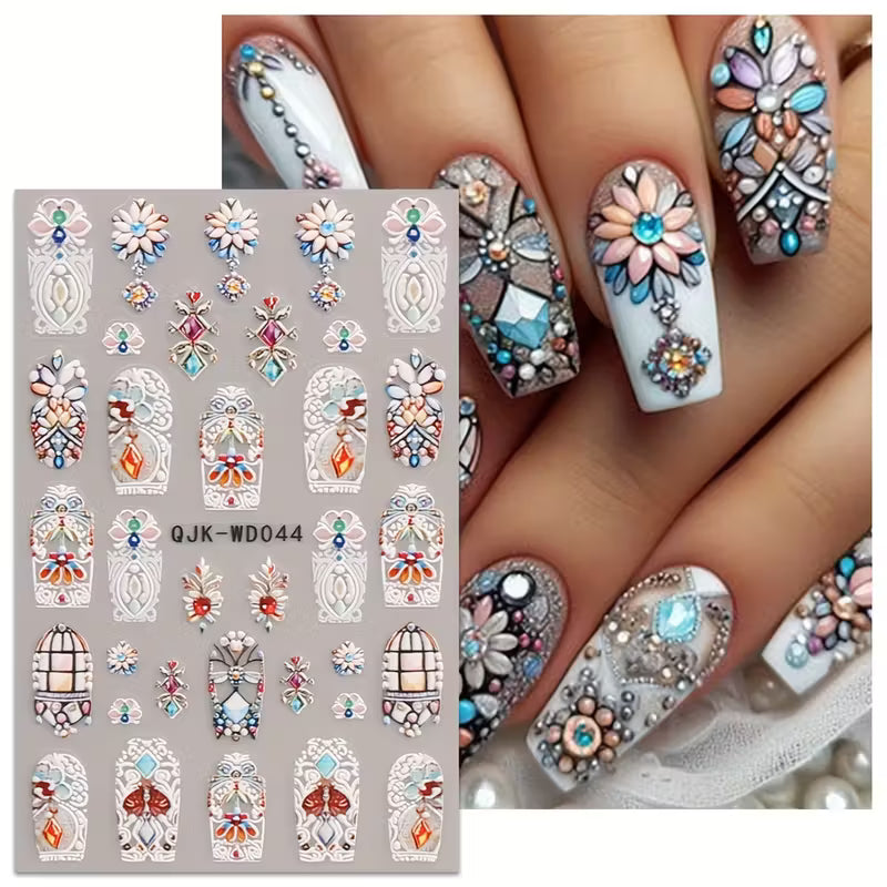 Micro Embossed 3D Classic Floral  6pcs Retro Nail Sticker Set.