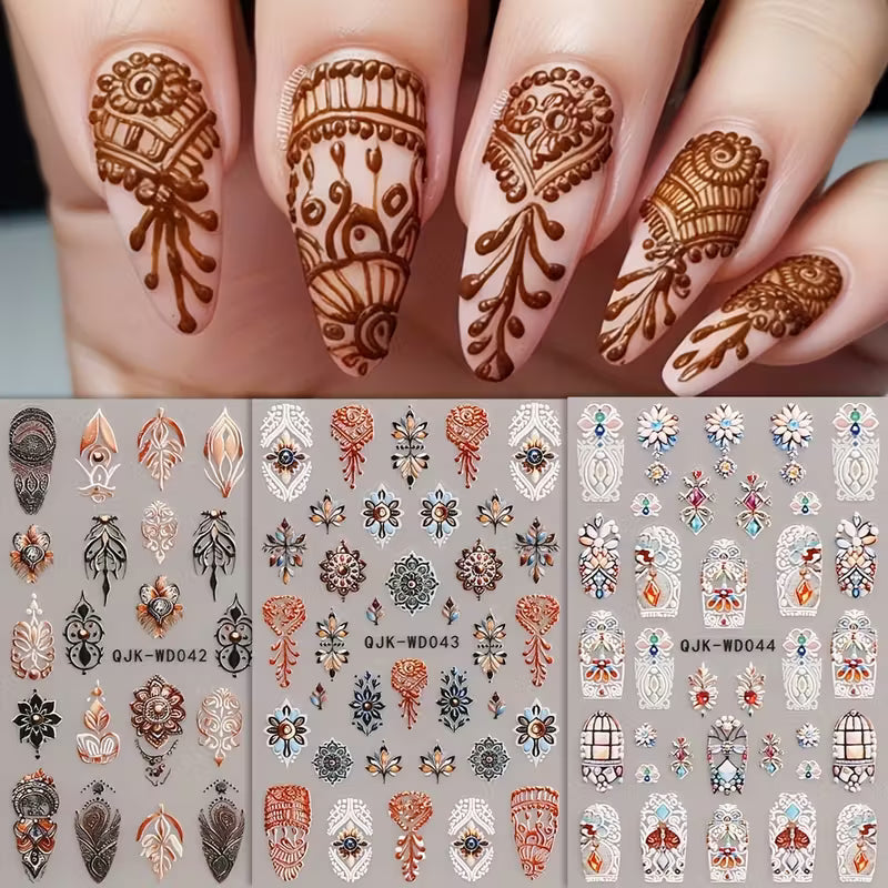 Micro Embossed 3D Classic Floral  6pcs Retro Nail Sticker Set.