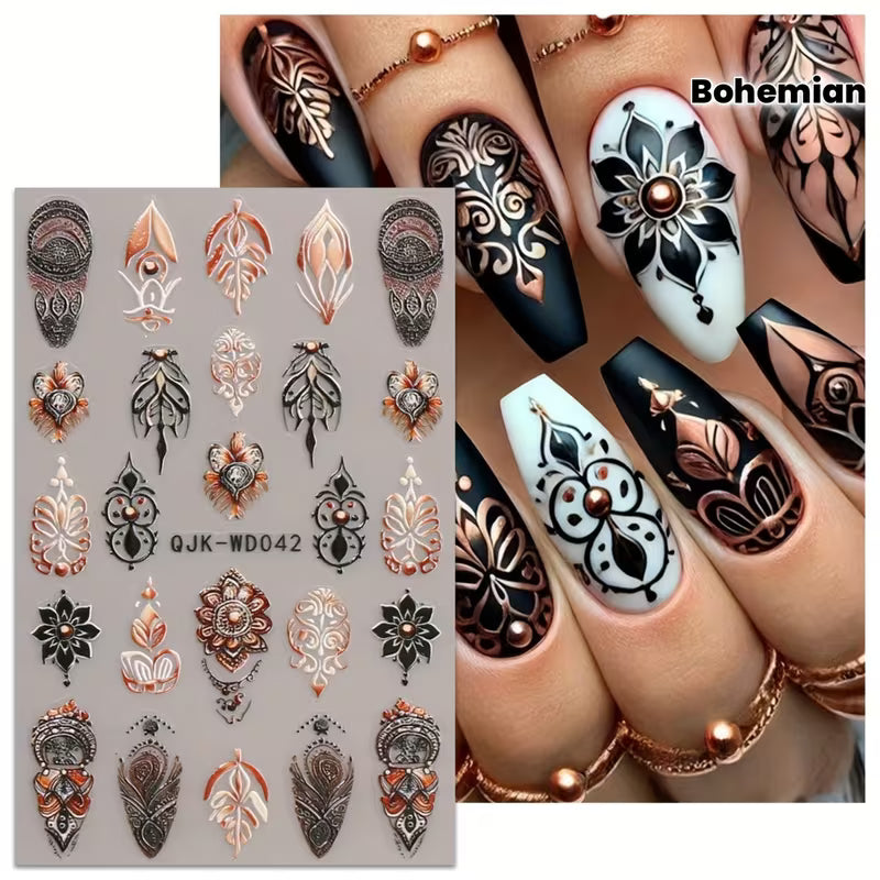 Micro Embossed 3D Classic Floral  6pcs Retro Nail Sticker Set.